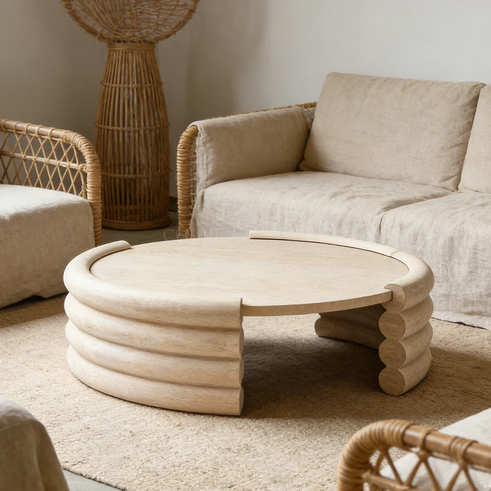 Ribbed Travertine Round Coffee Table  Organic Modern Wabi-Sabi Center Table 1