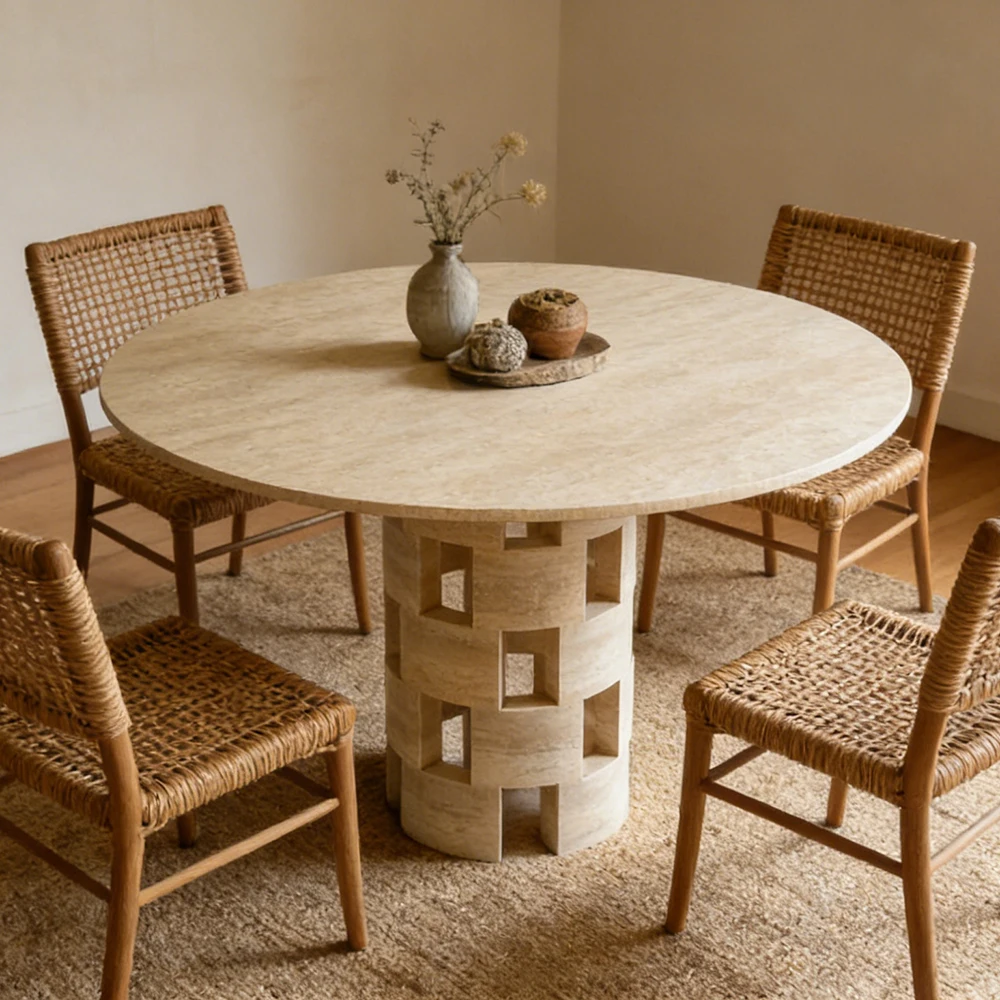 Interlocking Travertine Pedestal Dining Table  Modern Wabi-Sabi Round Table 1