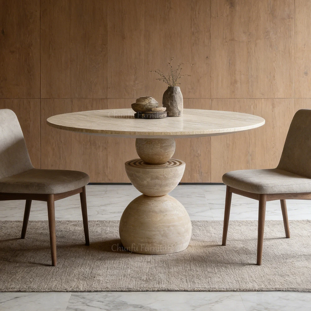 Travertine Orb Pedestal Dining Table   Organic Modern Wabi-Sabi Round Table 1