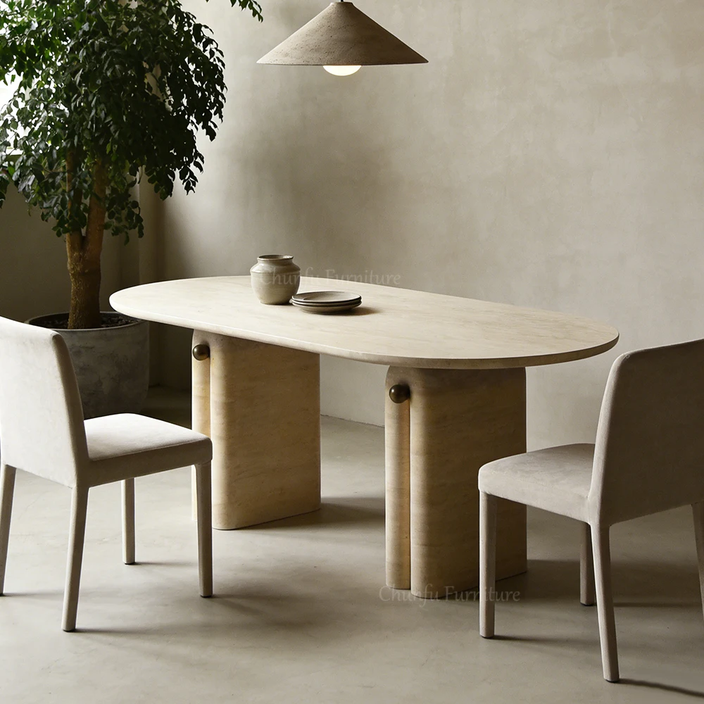 Travertine Dual Pedestal Dining Table | Modern Wabi-Sabi Oval Table 1