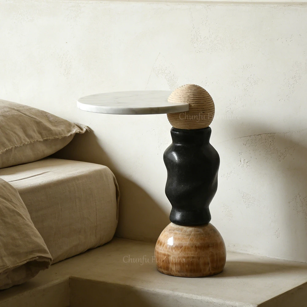 Sculptural Side Table Travertine Accent Table Modern Art Furniture  Natural Marble table 1