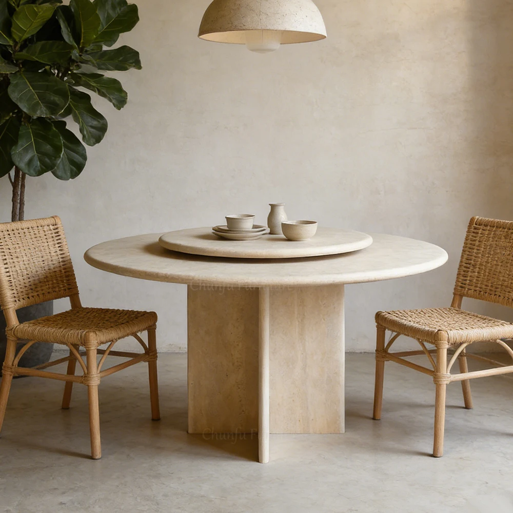 Travertine Round Dining Table Rotating Lazy Susan Table   Stone Dining Table 1