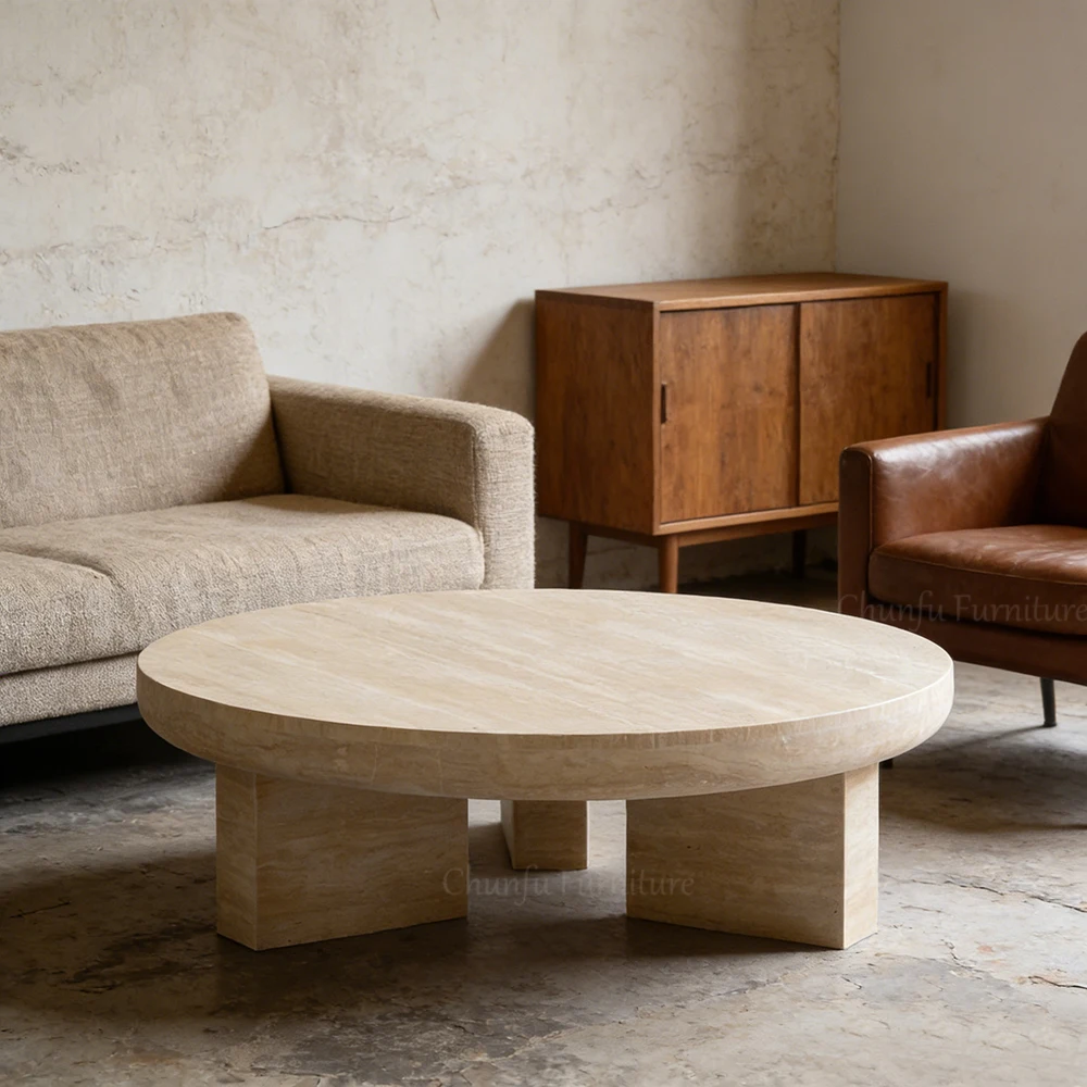 Travertine Coffee Table with Tri-Pedestal   Round Center Table 1