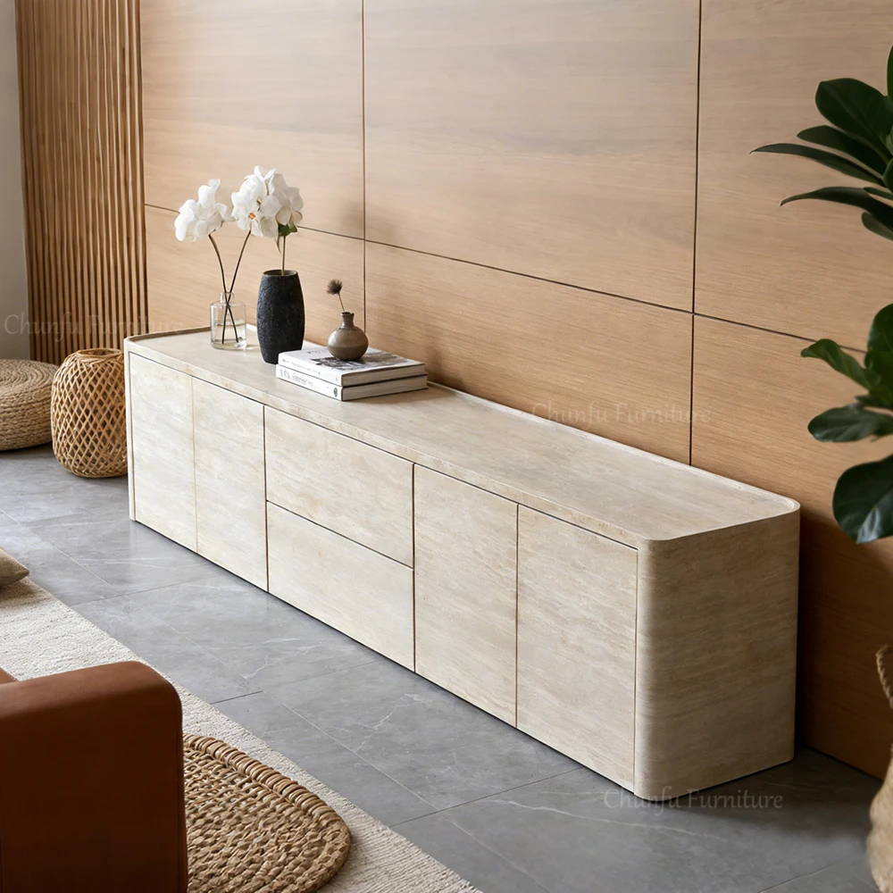 Travertine  Media Console  Modern Luxury Credenza  Minimalist TV Cabinet 1