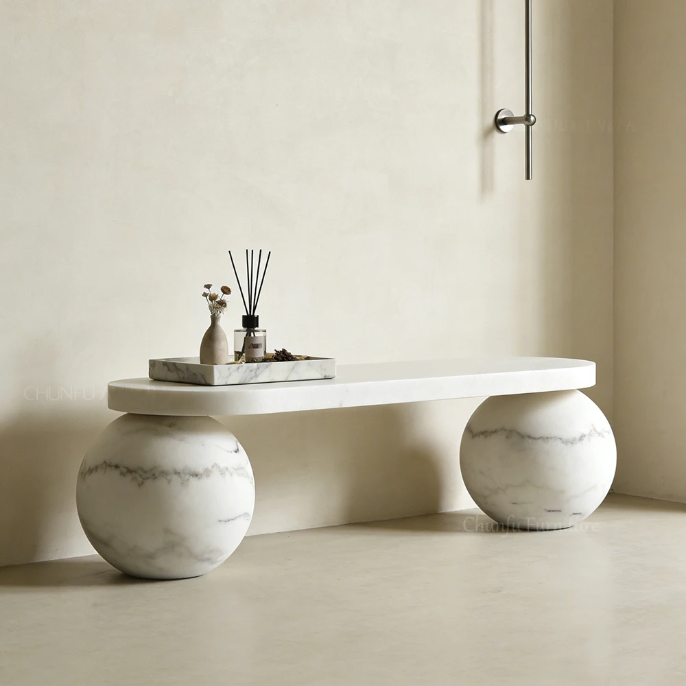 White Marble Sphere Base Bench & Coffee Table Modern Minimalist Dual-Function Table 1