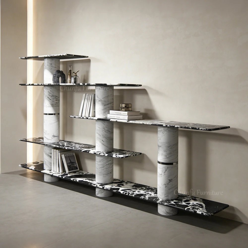 Black Five-Tier Marble Bookshelf White Storage Sculpture 1
