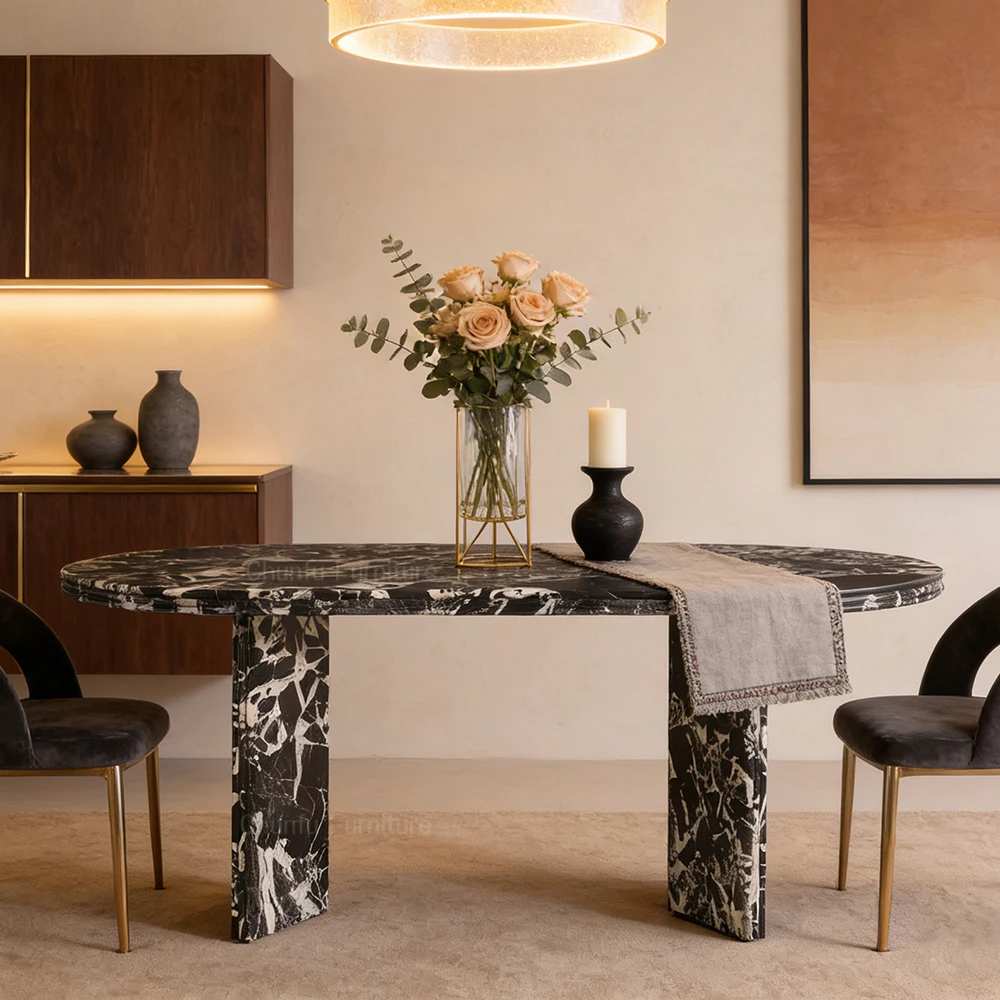 Mesa de comedor Chunfu Grand de mármol negro antiguo, mesa ovalada moderna de lujo para comedor u oficina. 1