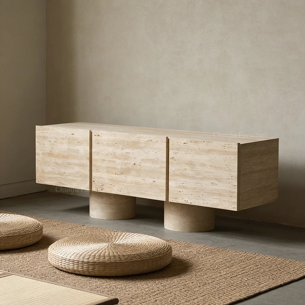 Chunfu Beige Travertine Media Console  Cylinder Base Storage Cabinet for Livingroom 1