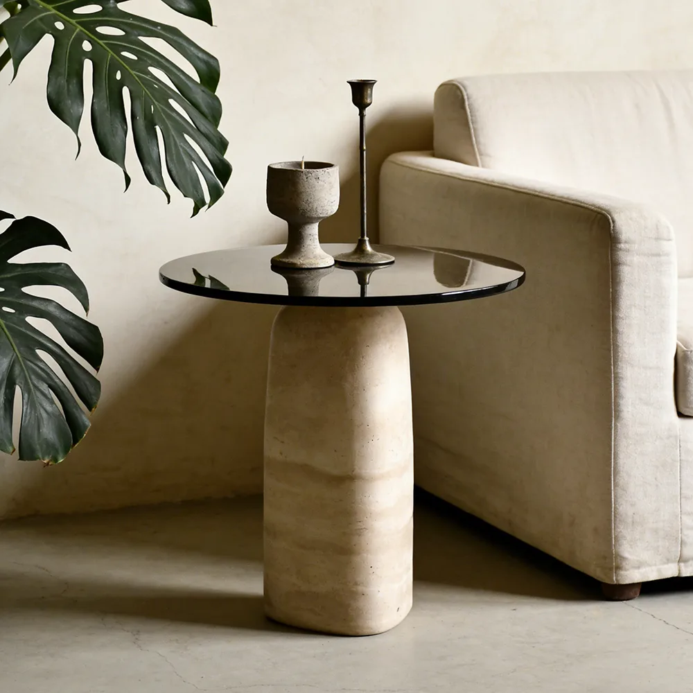 Mesa auxiliar Chunfu de travertino natural y cristal ahumado, mesa auxiliar moderna de lujo para sala de estar. 1