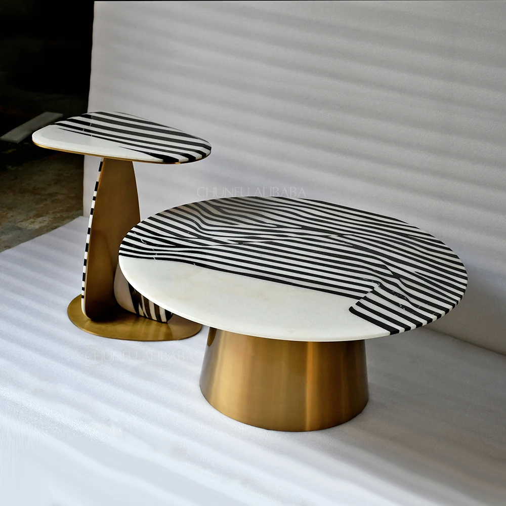 Juego de mesa de centro Chunfu Modern Luxury de mármol natural y acero inoxidable con incrustaciones de patrón de cebra para sala de estar. 1