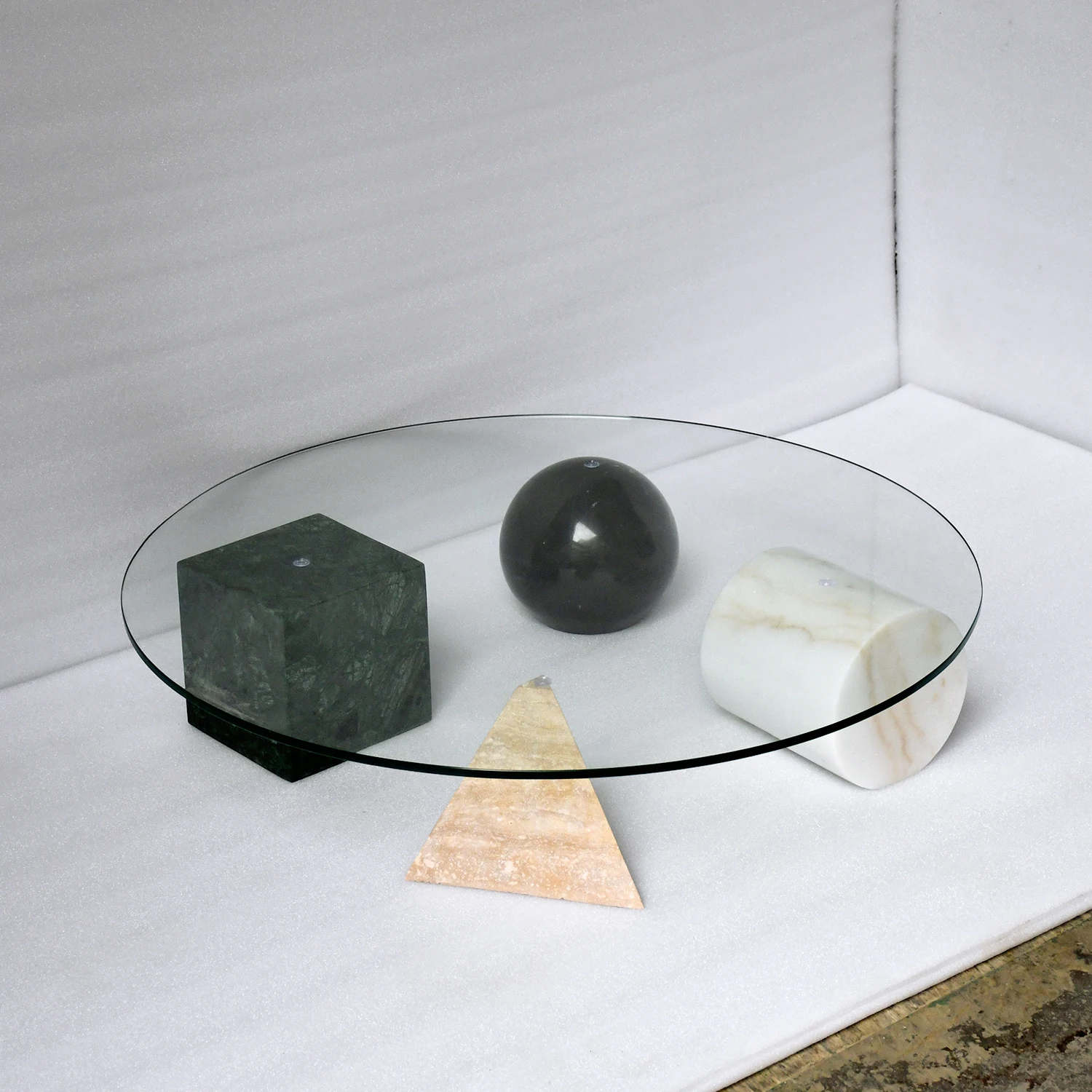 Chunfu Modern Luxury Natural Marble  Glass Coffee Table with Sculptural Geometric Base for Living Room 1