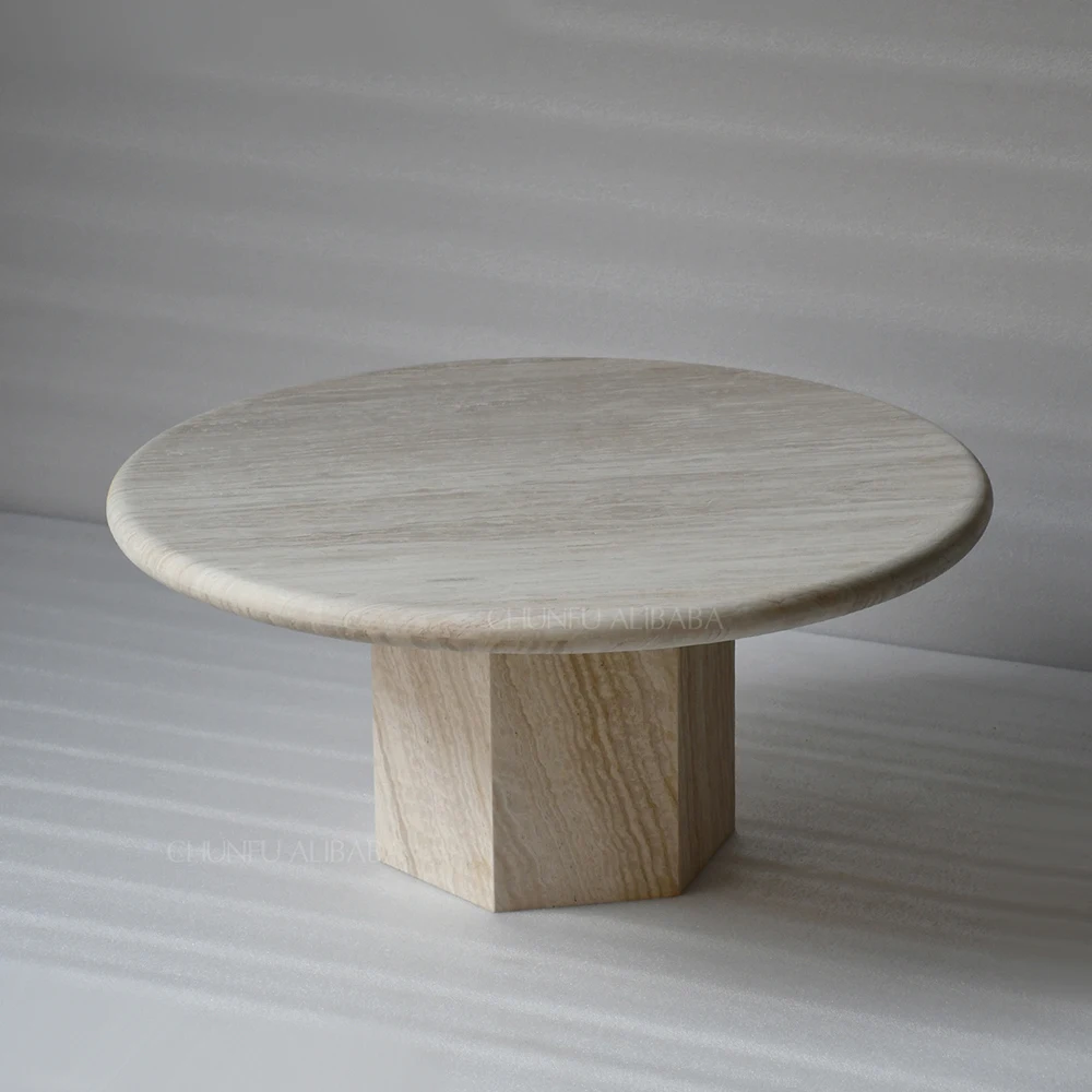 Chunfu Modern Minimalist Natural Travertine Marble Round Coffee Table with Solid Stone Base for Living Room 1