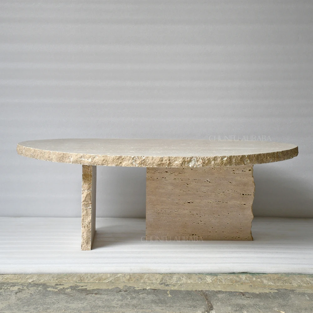 Table basse Chunfu moderne en travertin naturel irrégulier, table basse en travertin avec bord brut, pour salon 1