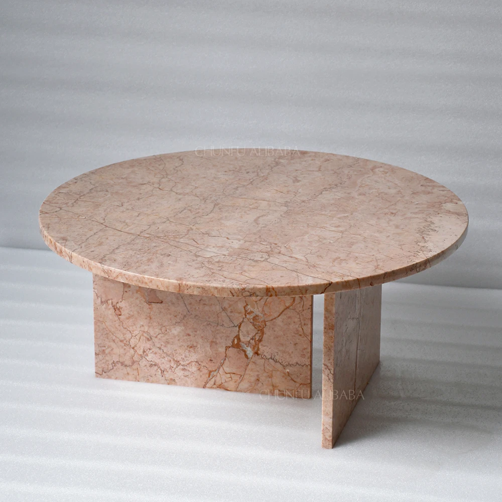 Mesa de centro Chunfu Modern Luxury de mármol rojo natural, mesa de centro redonda con base de piedra resistente, para sala de estar. 1