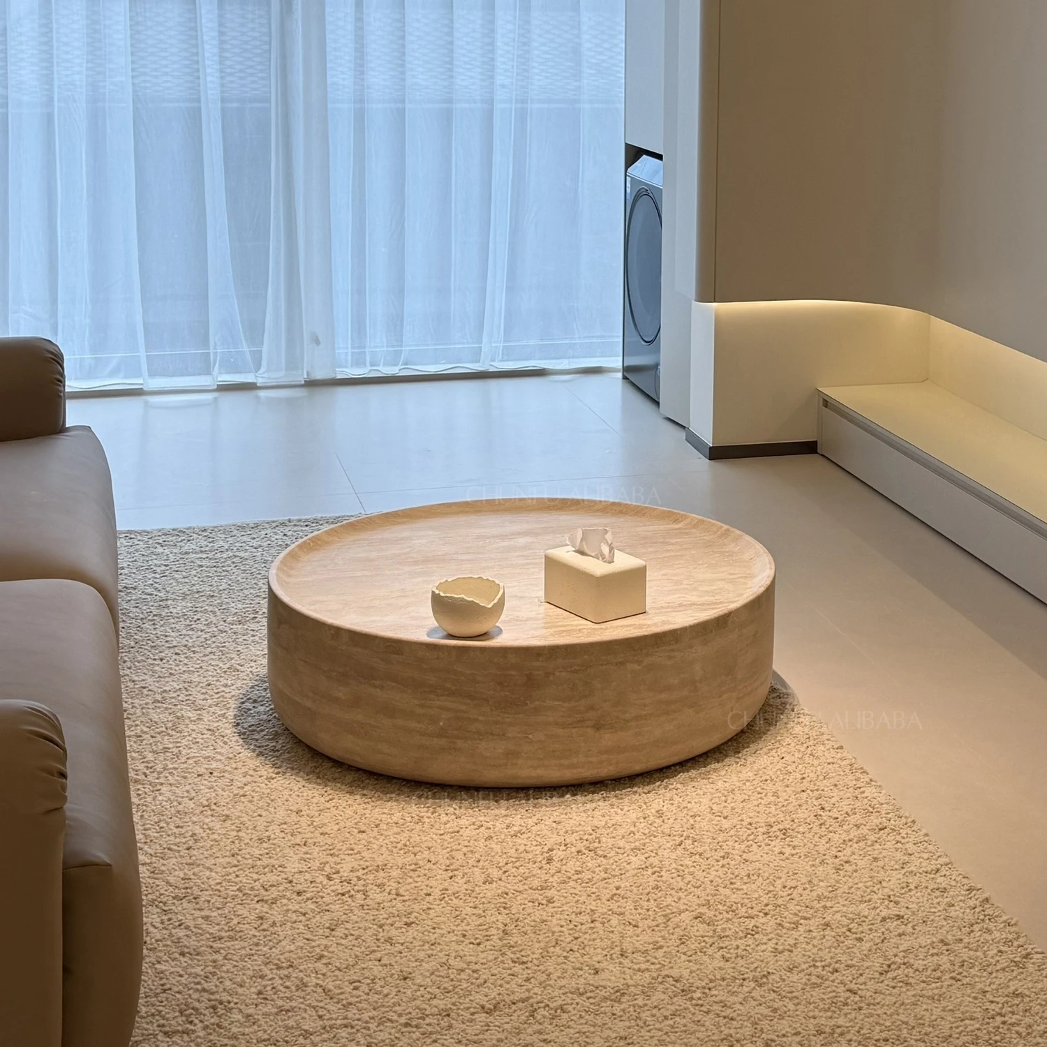 Chunfu Modern Minimalist Solid Travertine Round Coffee Table, Luxury Travertine Patio Furniture for Living Room 1