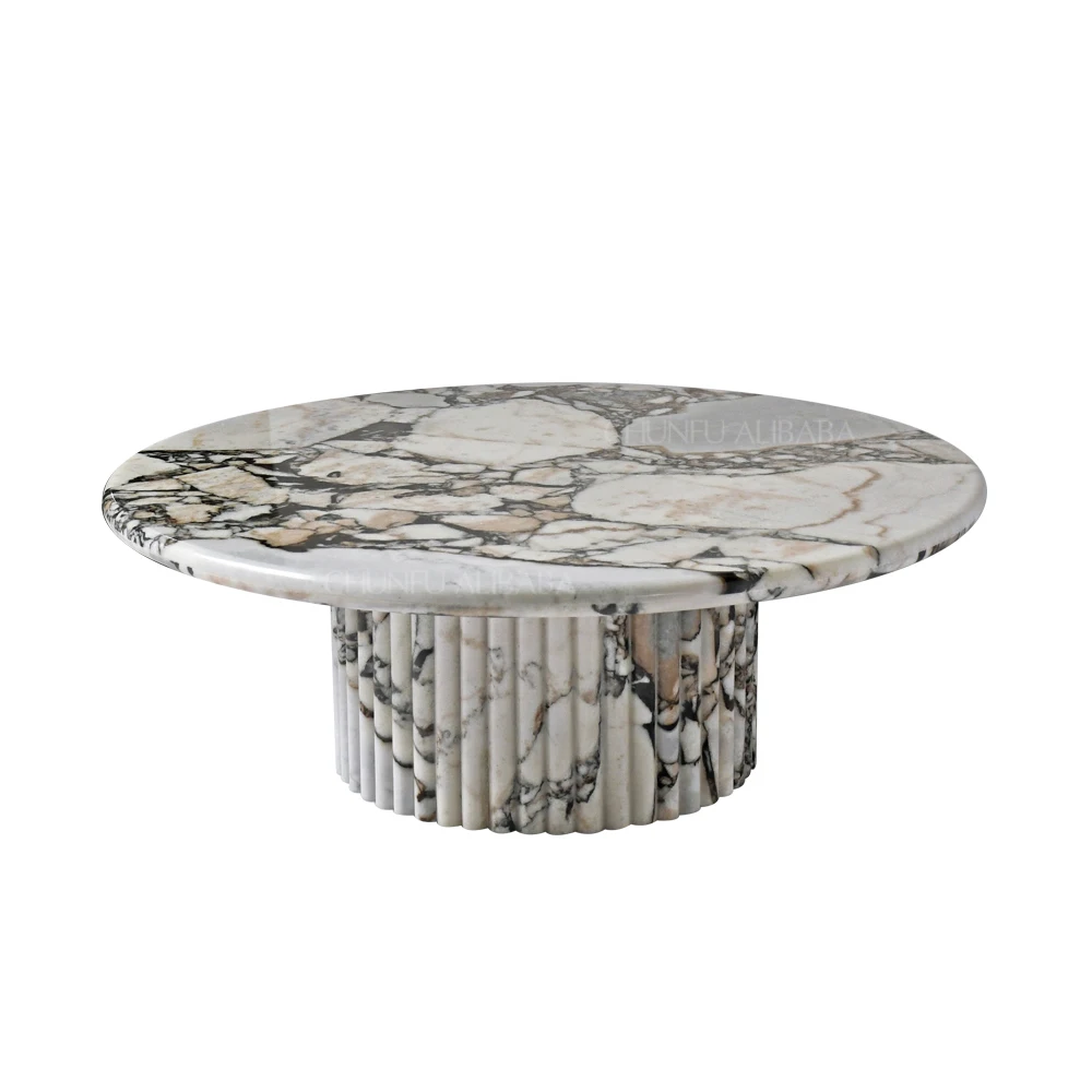 Chunfu Luxury Modern Solid Marble Round Coffee Table, Unique Fluted Base Marble Coffee Table for Living Room 1