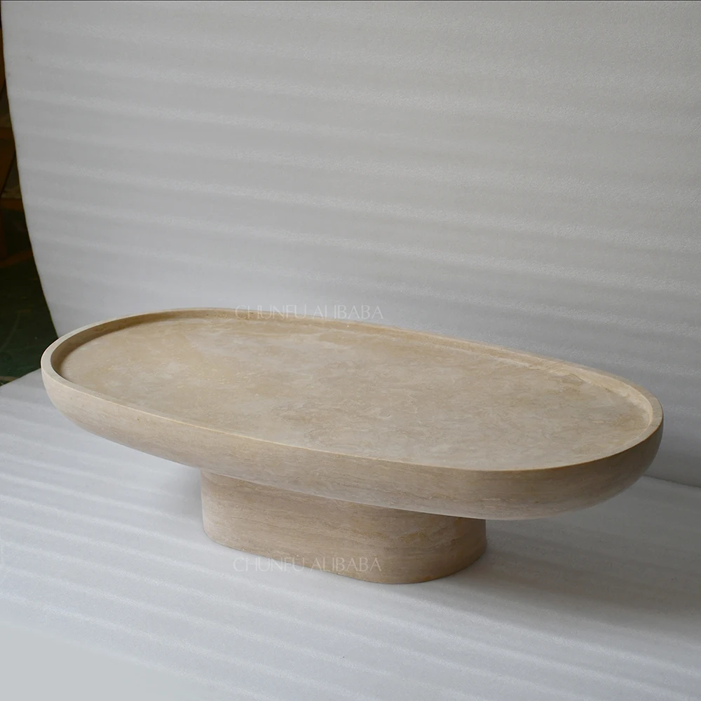 Chunfu Modern Minimalist Solid Travertine Oval Coffee Table, Luxury Travertine Patio Furniture with Raised Edge for Living Room, Outdoor Patio 1