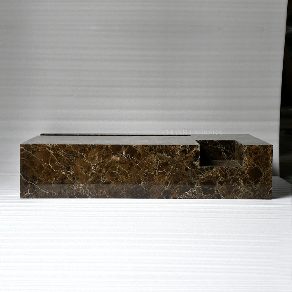 Chunfu Modern Luxury Natural Emperador Dark Marble Coffee Table, Premium Marble Furniture with Unique Cutout Design for Living Room, Lounge 1