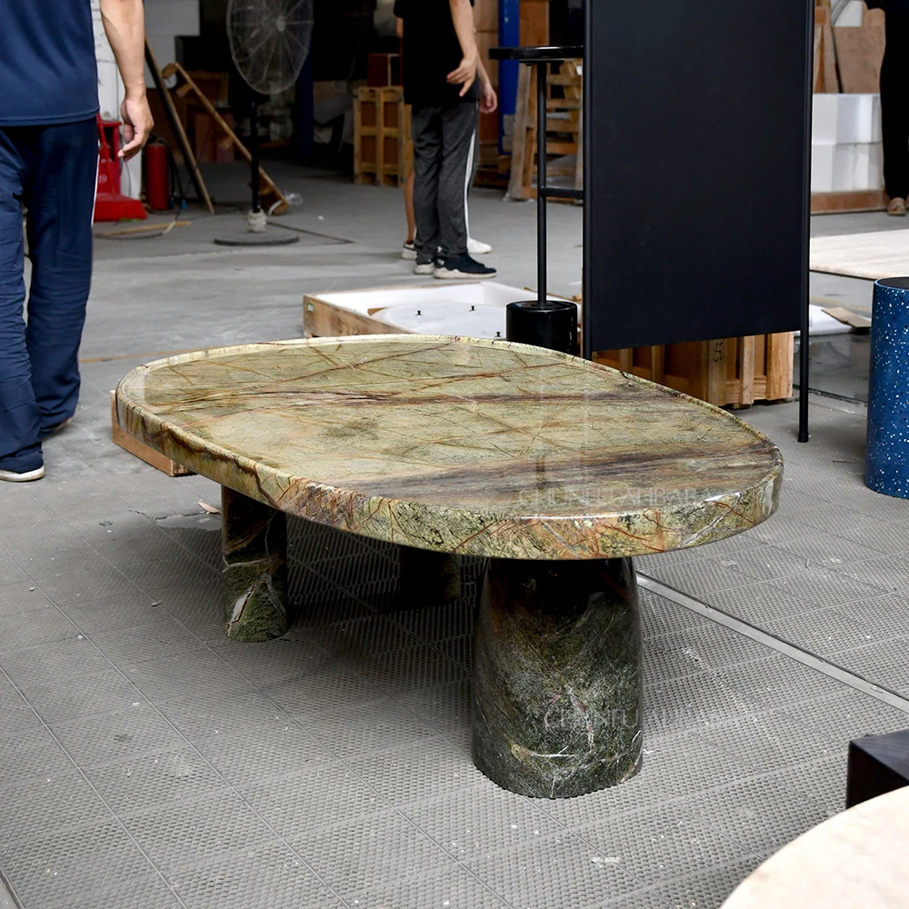 Mesa de centro ovalada Chunfu Modern Luxury de mármol verde natural con base doble escultural para sala de estar. 1
