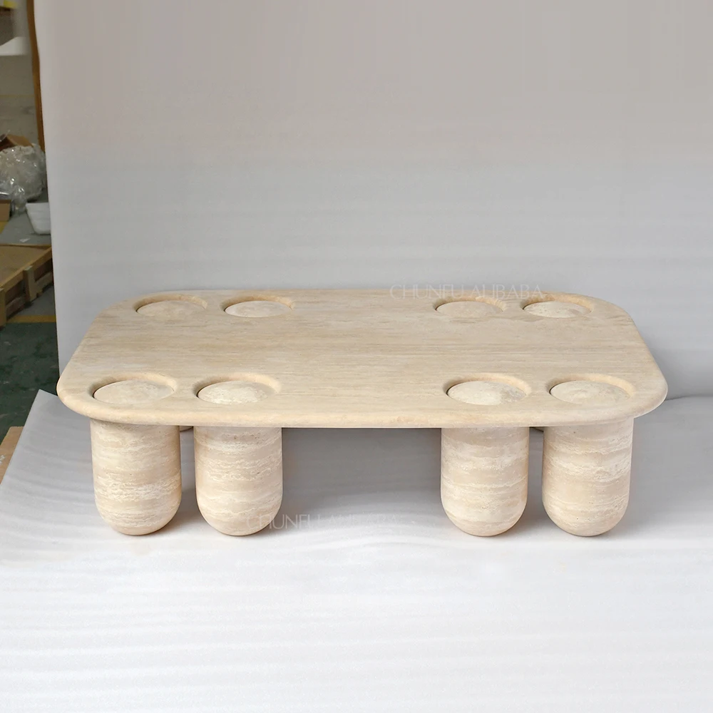 Chunfu Modern Minimalist Natural Marble Coffee Table with Unique Circular Cutouts  Fluted Legs for Living Room 1