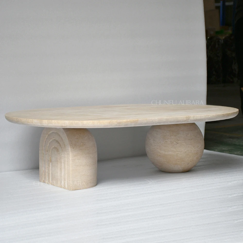 Mesa de centro Chunfu Modern Luxury de travertino natural, mesa de centro ovalada contemporánea para sala de estar. 1