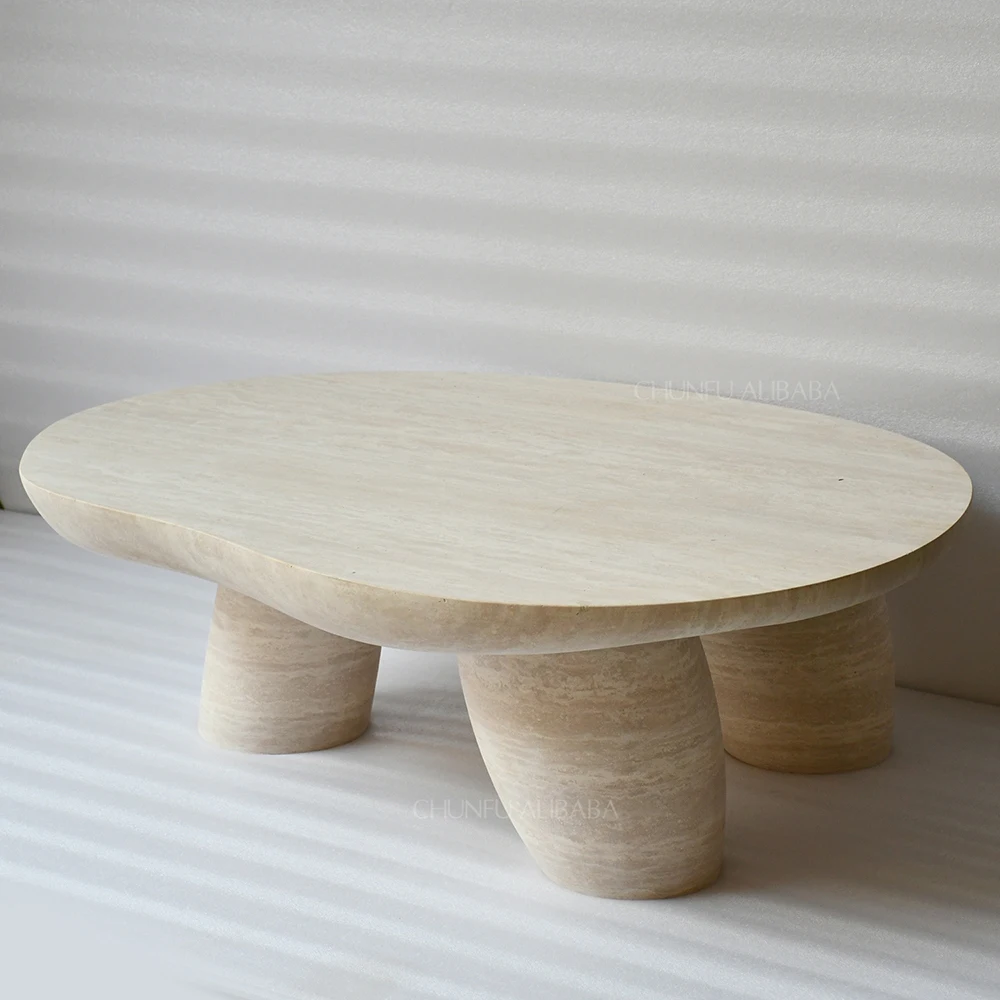 طاولة قهوة تشونفو بتصميم بسيط من حجر الترافرتين الطبيعي، طاولة جانبية ثلاثية الأرجل من الحجر غير المنتظم لغرفة المعيشة 1