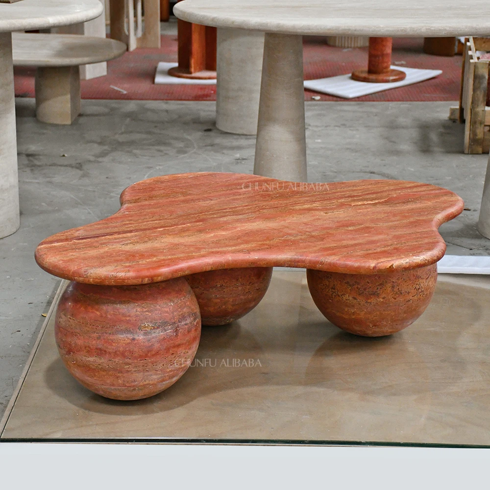 Mesa de centro irregular Chunfu moderna de travertino rojo natural orgánico, mesa de centro de travertino con bases esféricas esculturales para sala de estar. 1