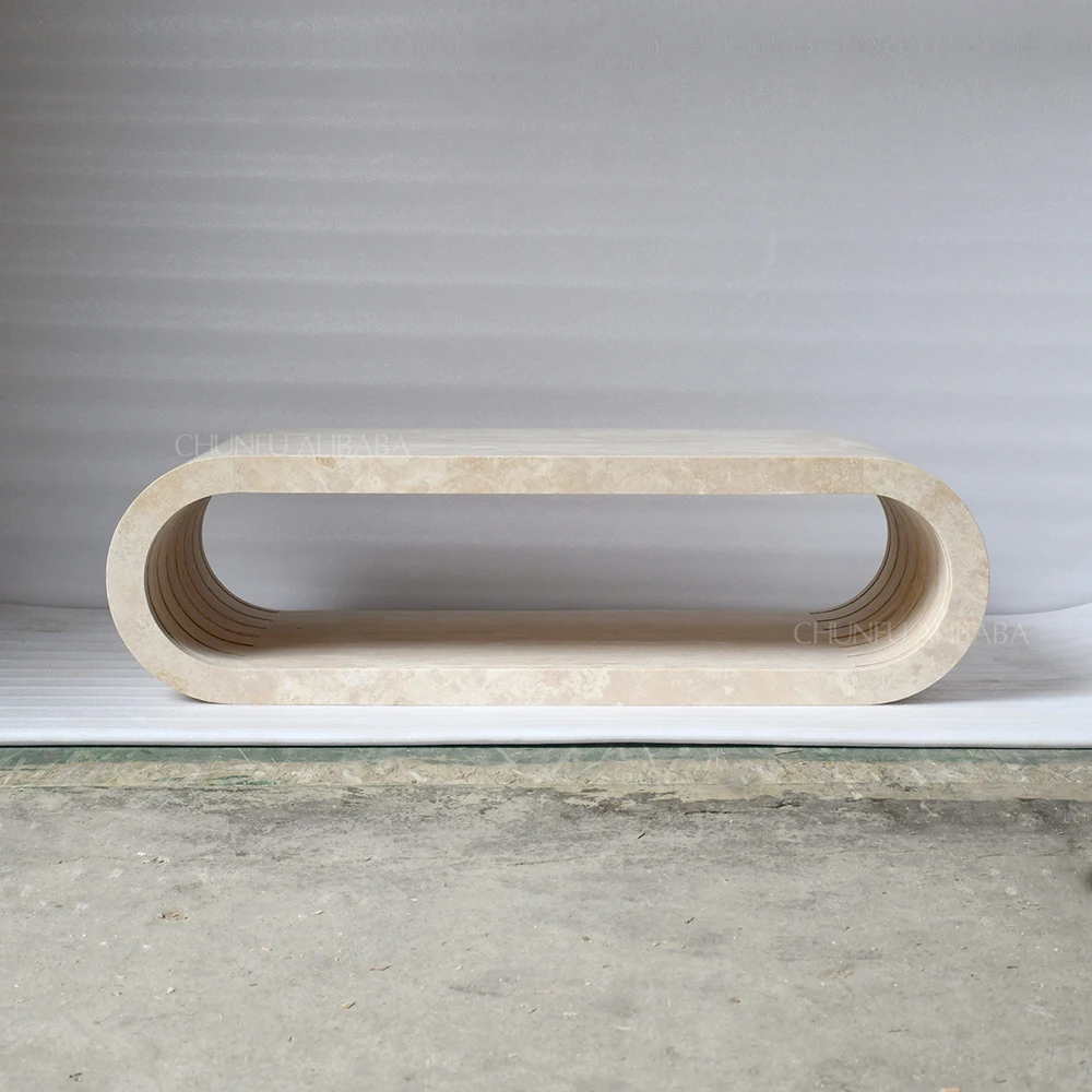 Mesa de centro ovalada Chunfu Modern Minimalista de travertino natural, mesa de centro de travertino con estante de almacenamiento abierto para sala de estar. 1