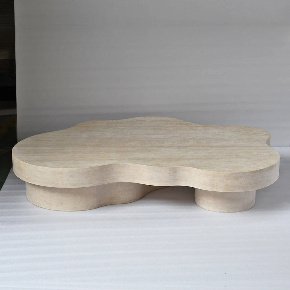 Mesa de centro Chunfu Moderna de Travertino Natural Orgánico con Forma de Nube, Mesa de centro de travertino con base escultural para sala de estar 1