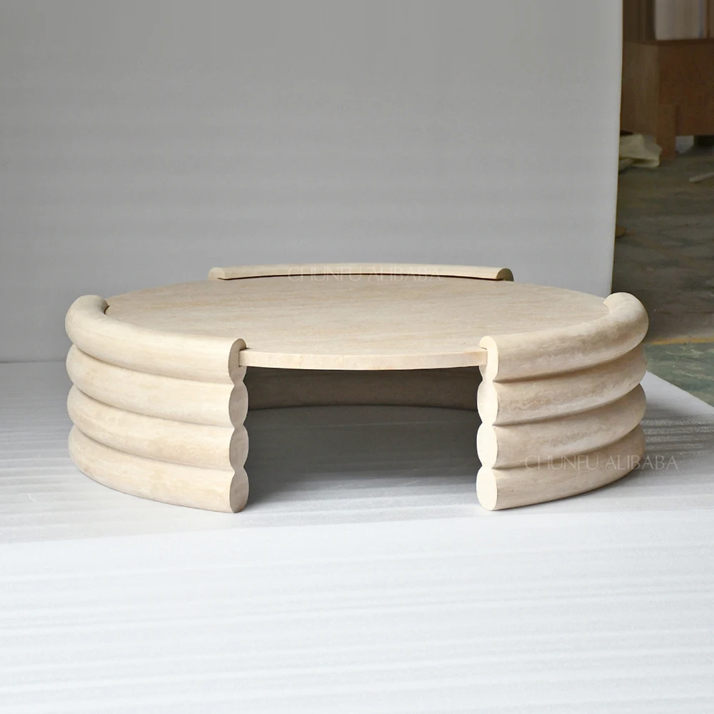 Mesa de centro redonda Chunfu Modern Wabi-Sabi de travertino natural, mesa de centro de travertino con base acanalada para sala de estar. 1