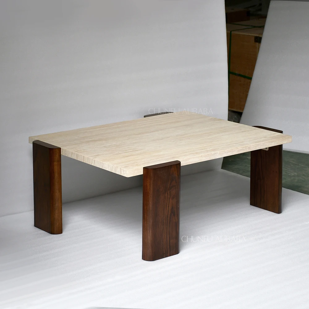 Mesa de centro moderna minimalista Chunfu de mármol travertino natural con patas de madera maciza para sala de estar. 1