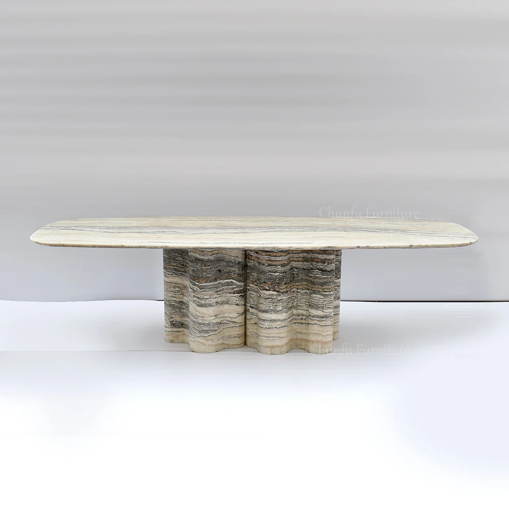 Chunfu Modern Luxury Natural Marble Dining Table  Oval Dining Table with Sculptural Fluted Base for Dining Room 1