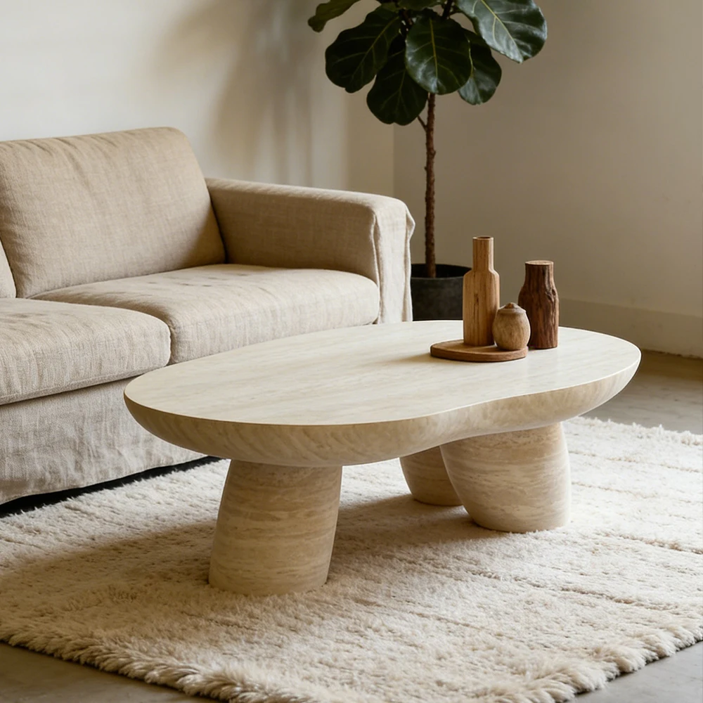 Chunfu Minimalist  Natural Travertine Coffee Table 3 Legged Irregular Stone Side Table  for Living Room 1