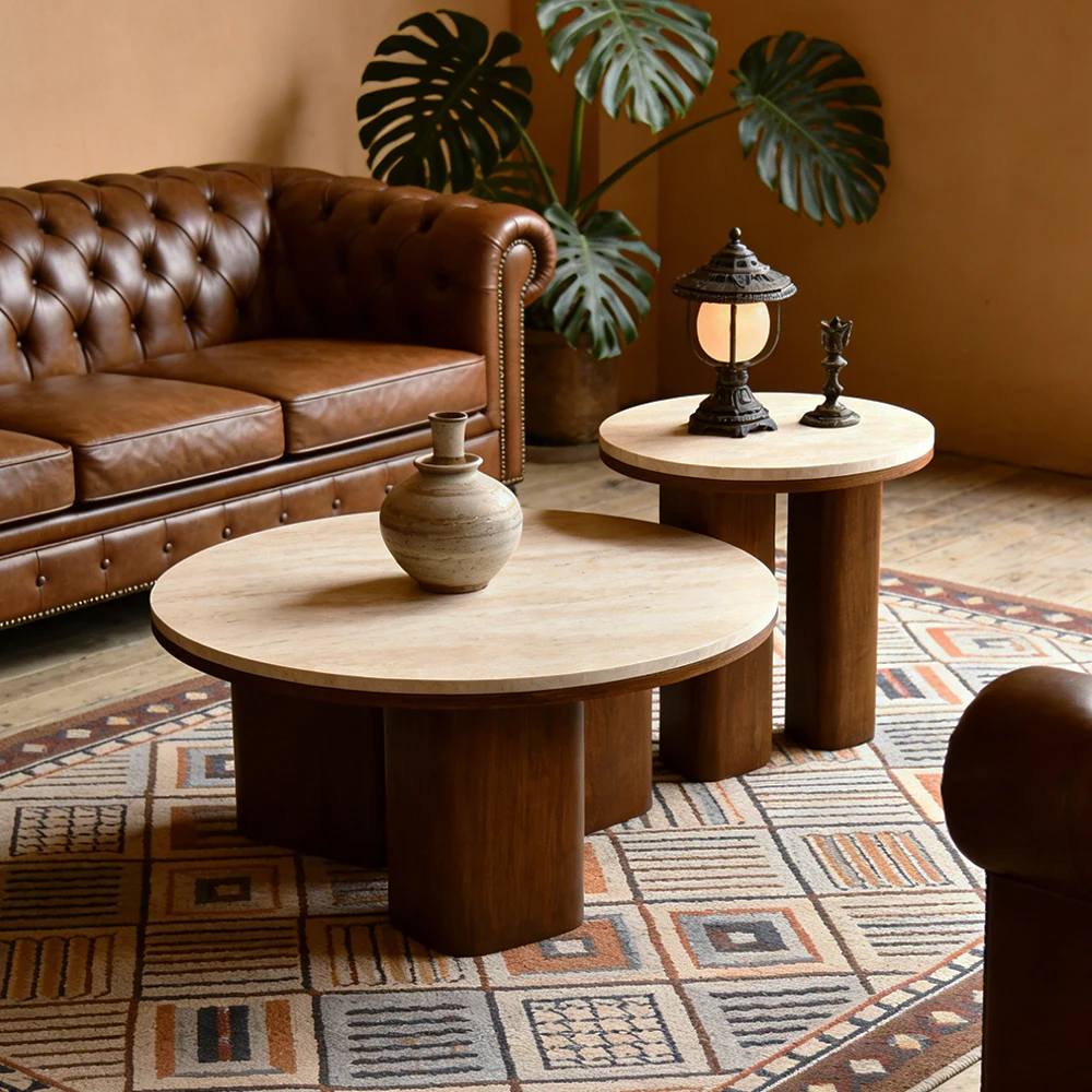 Chunfu Modern Minimalist Natural Travertine Round  Coffee Table with Solid Wood Leg  for Living Room 1