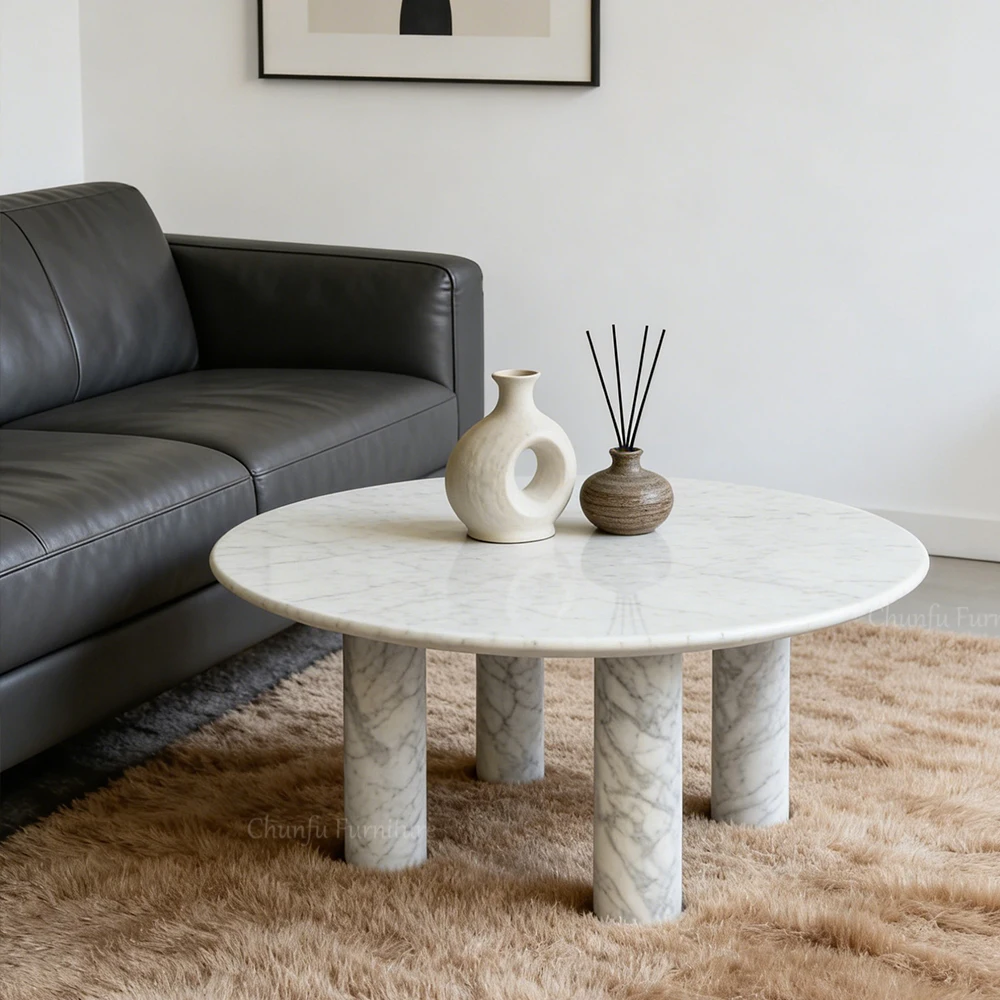 Chunfu Modern Minimalist Natural Marble  Coffee Table   Round Coffee Table with Cylindrical Legs for Living Room 1