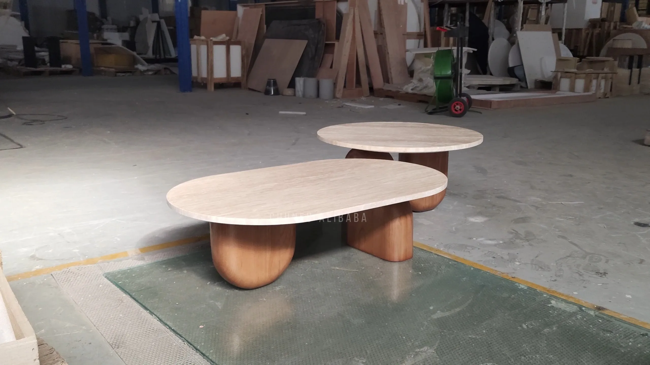 Chunfu Modern Luxury Natural Travertine and Wood Nesting Coffee Tables  for Living Room 1