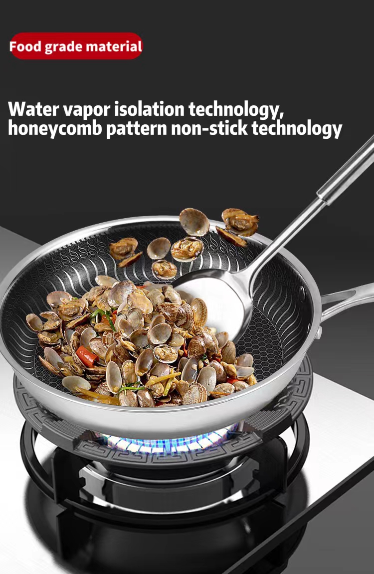 Сковорода-вок из нержавеющей стали с сотовым рисунком и стеклянной крышкой — производитель посуды Zhenneng. 15