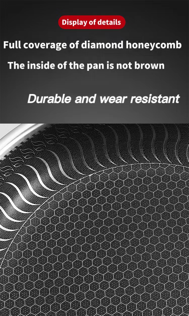 Сковорода-вок из нержавеющей стали с сотовым рисунком и стеклянной крышкой — производитель посуды Zhenneng. 14