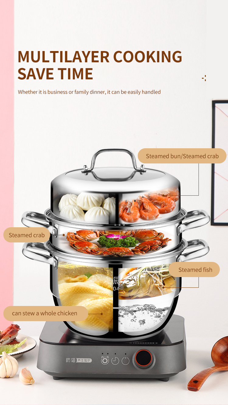 Quality Huichu 28cm 3 tier stainless steel steamer cookware for kitchen cooking tools Manufacturer | ZHENNENG 7