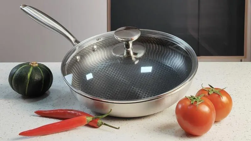 Best kitchenware stainless steel stir frying pan with glass lid nonstick honeycomb pattern stir pan company - ZHENNENG 1