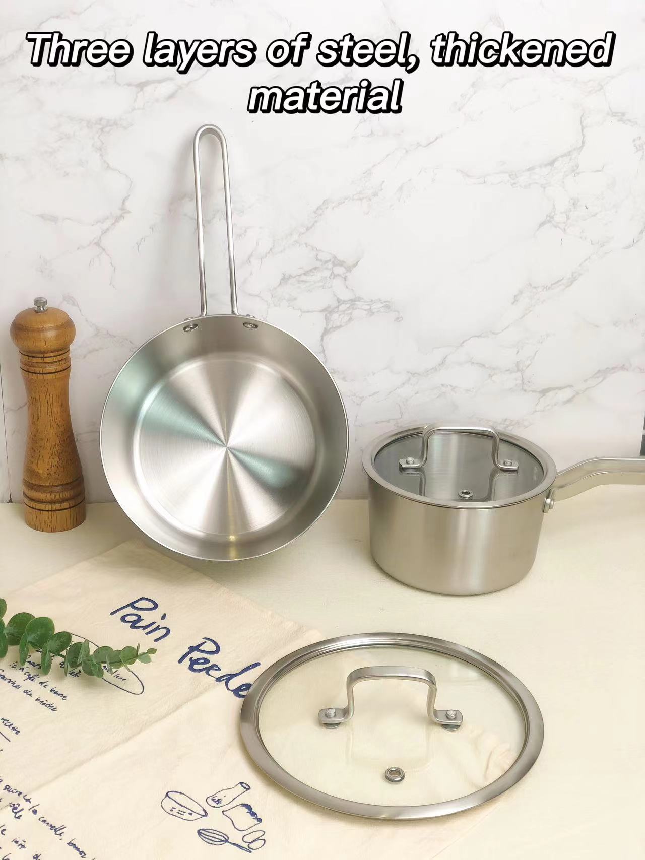 16/18/20cm Stainless Steel Tri-Ply Saucepan Set With Glass Lid 16