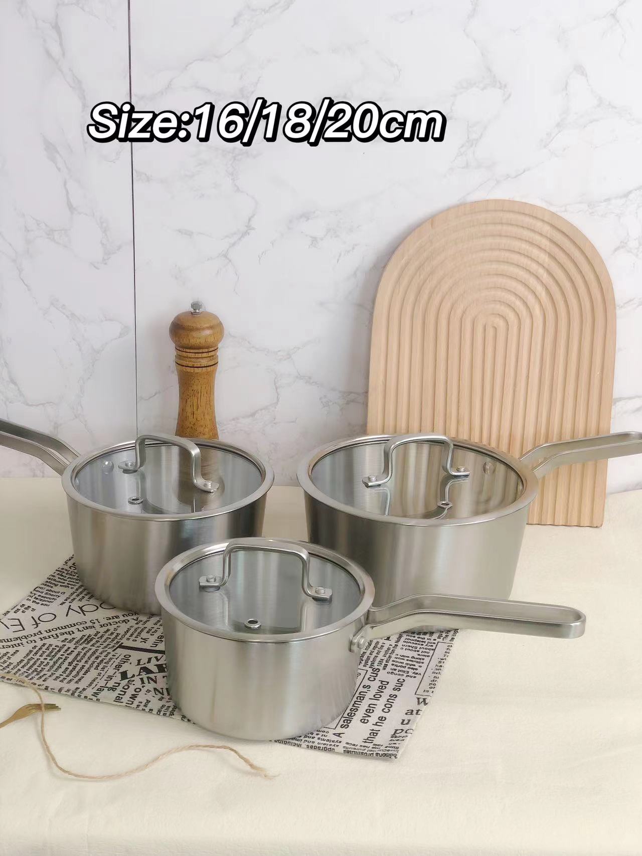 16/18/20cm Stainless Steel Tri-Ply Saucepan Set With Glass Lid 19