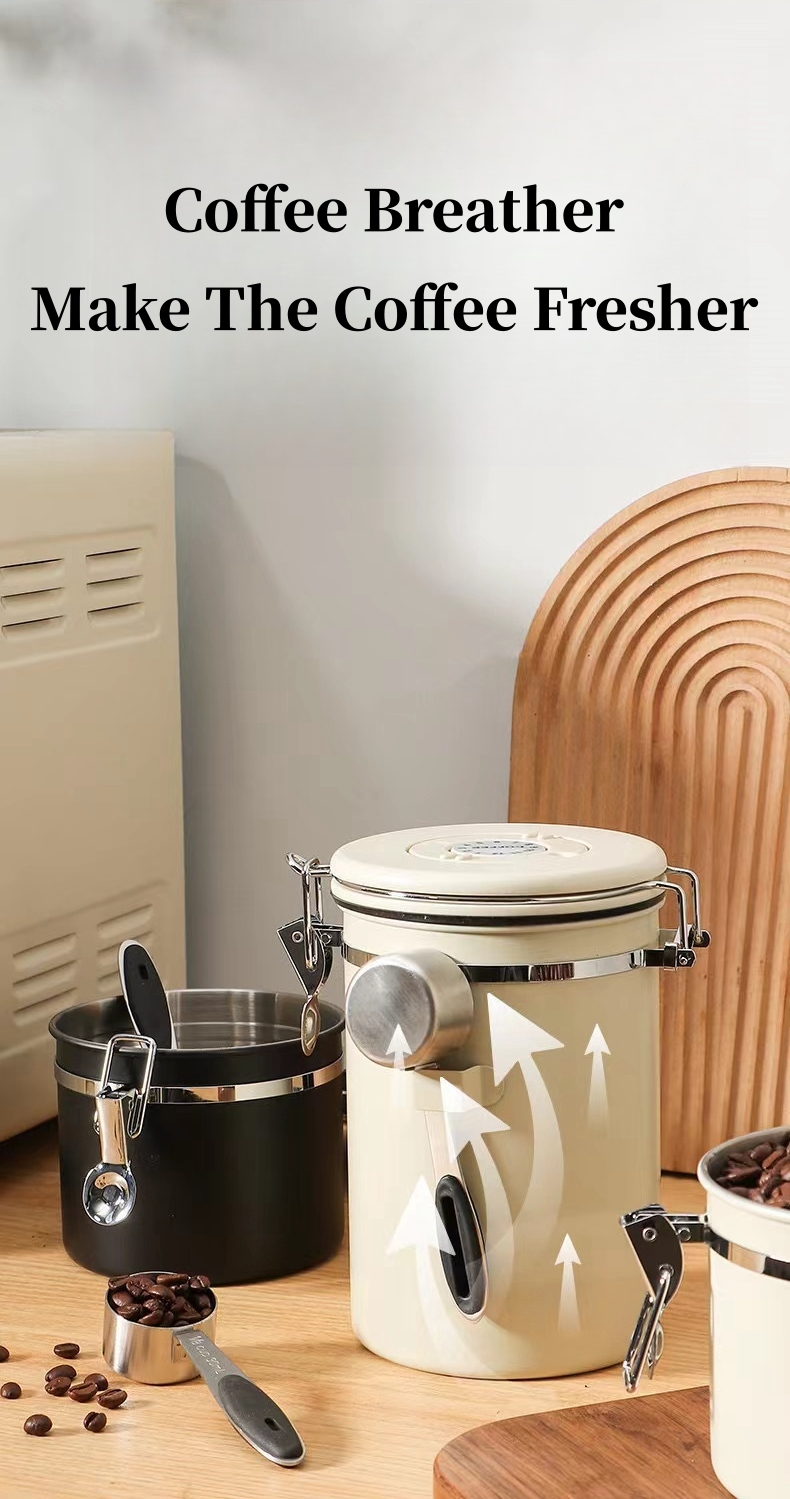 Stainless Steel Coffee Canister Coffee Canister With Scoop With Built-In Valve Lid For Beans 1.2/1.5/1.8l 17