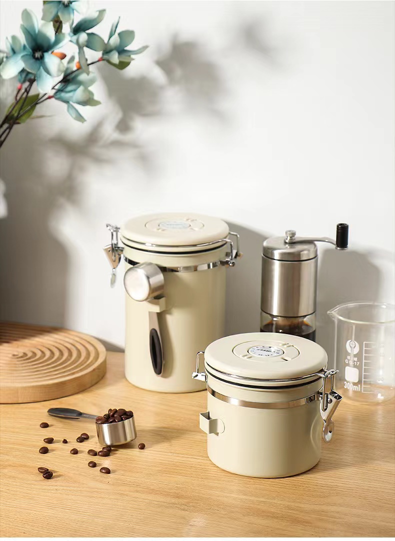 Stainless Steel Coffee Canister Coffee Canister With Scoop With Built-In Valve Lid For Beans 1.2/1.5/1.8l 21