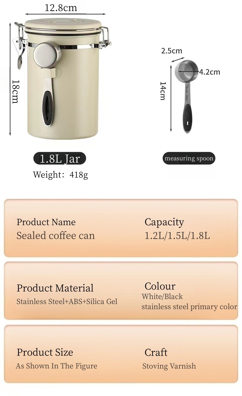 Stainless Steel Coffee Canister Coffee Canister With Scoop With Built-In Valve Lid For Beans 1.2/1.5/1.8l 18