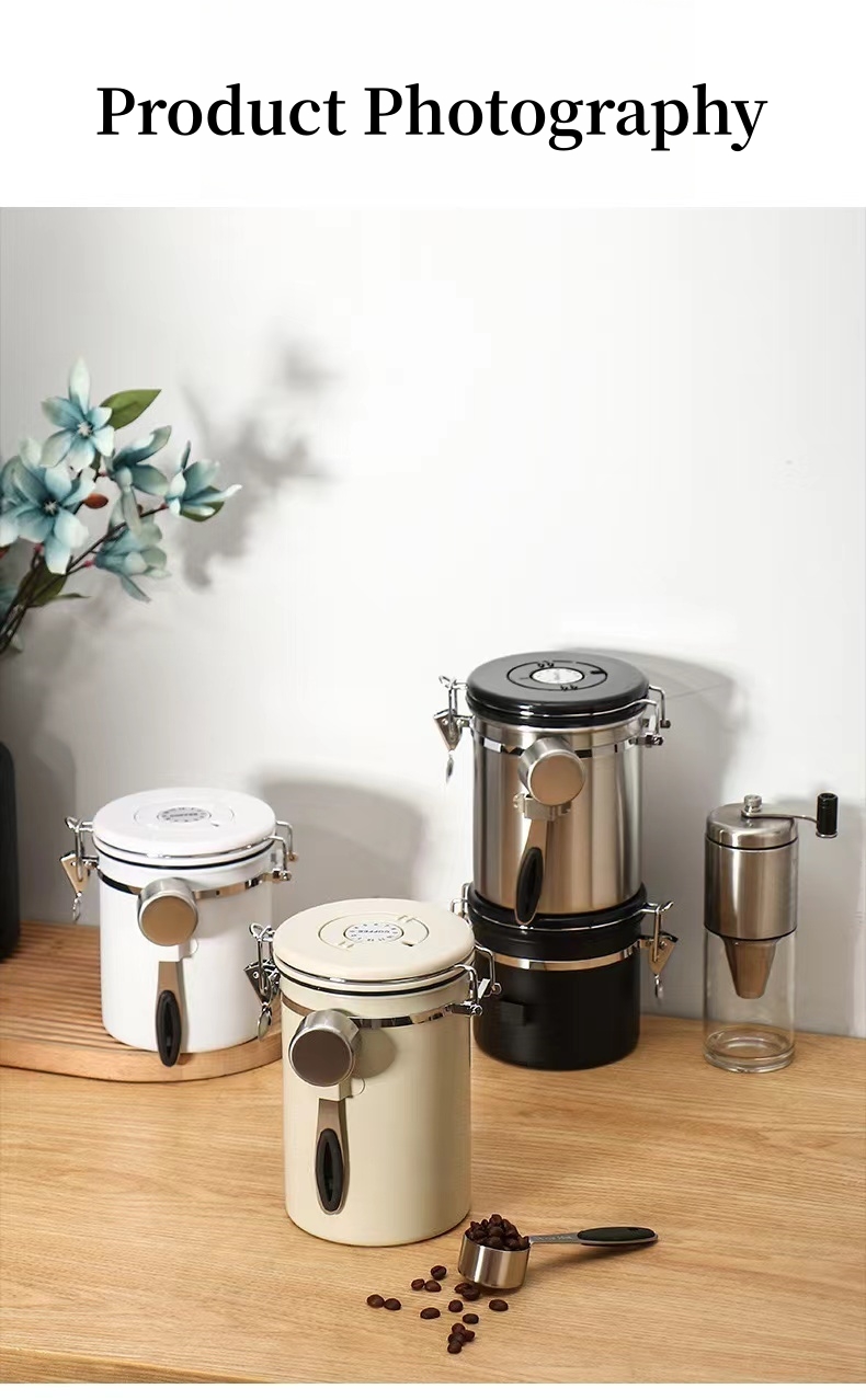 Stainless Steel Coffee Canister Coffee Canister With Scoop With Built-In Valve Lid For Beans 1.2/1.5/1.8l 20