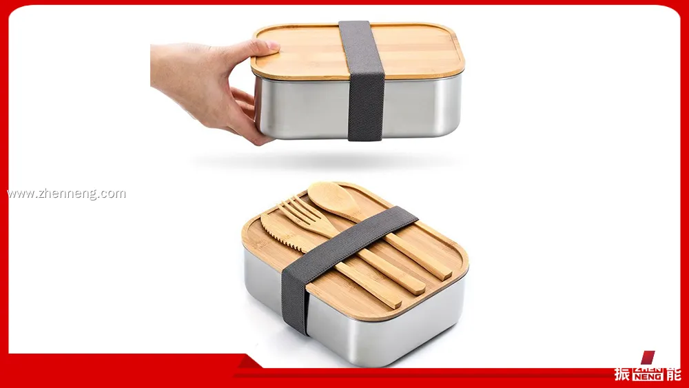 Fiambrera de acero inoxidable 304 de grado alimenticio con tapa de bambú y vajilla. 1