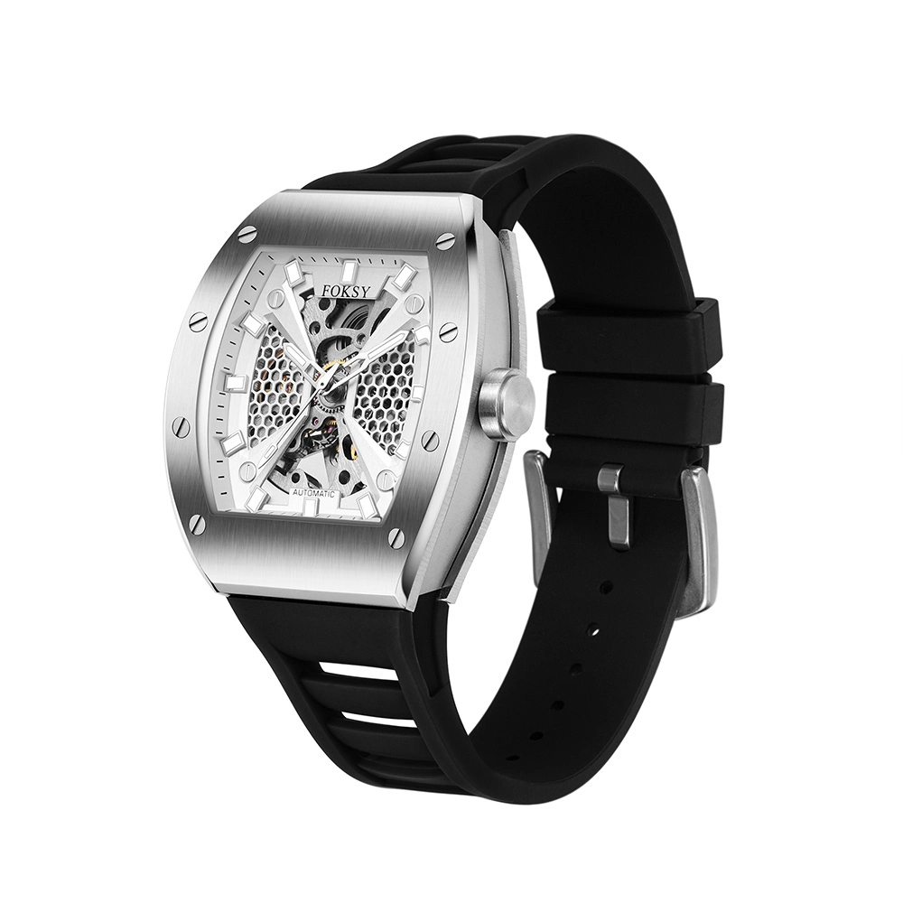 Men's Automatic Skeleton Watch Tonneau Case Silicone Strap Daily Watch For Business Design 1