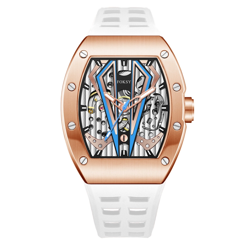 Men's Skeleton Automatic Watch Tonneau Design Silicone Strap Fashion Wristwatch 1