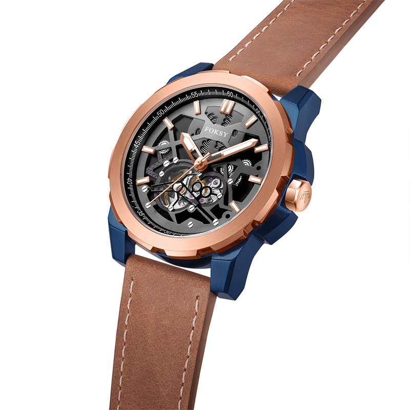 FOKSY Men's Automatic Skeleton Watch OEM Business Leather Strap 5ATM Waterproof 1